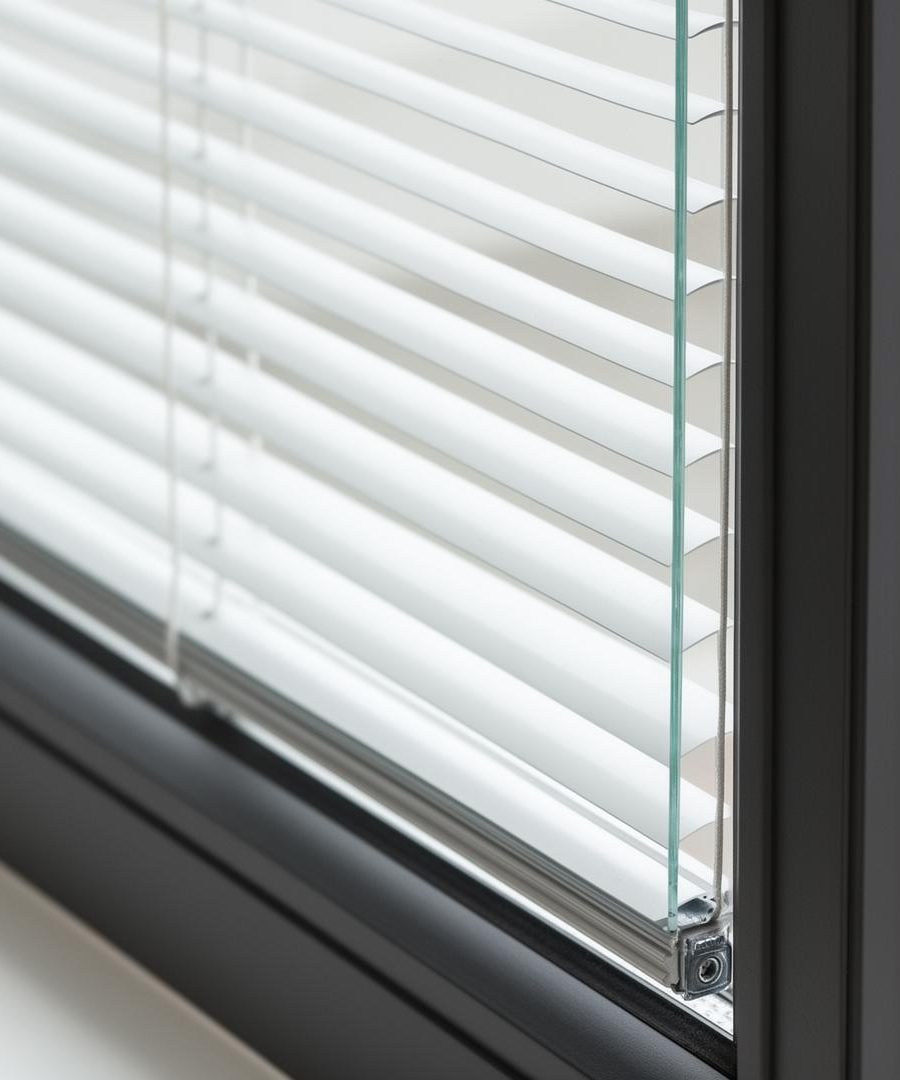 Close-up of integral venetian blind sealed between the panes of an aluminium-framed Eden Glass window