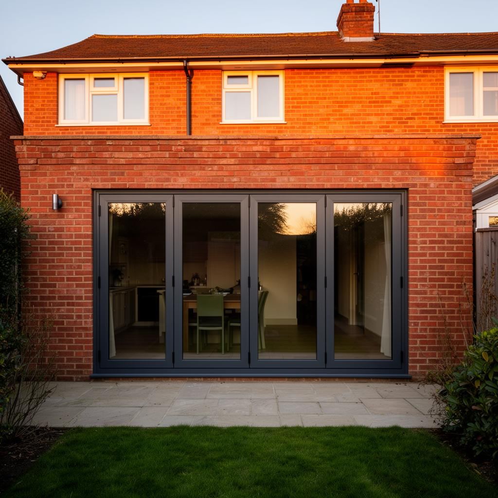 Closed view from outside — slim anthracite grey frames sit cleanly against the brickwork.