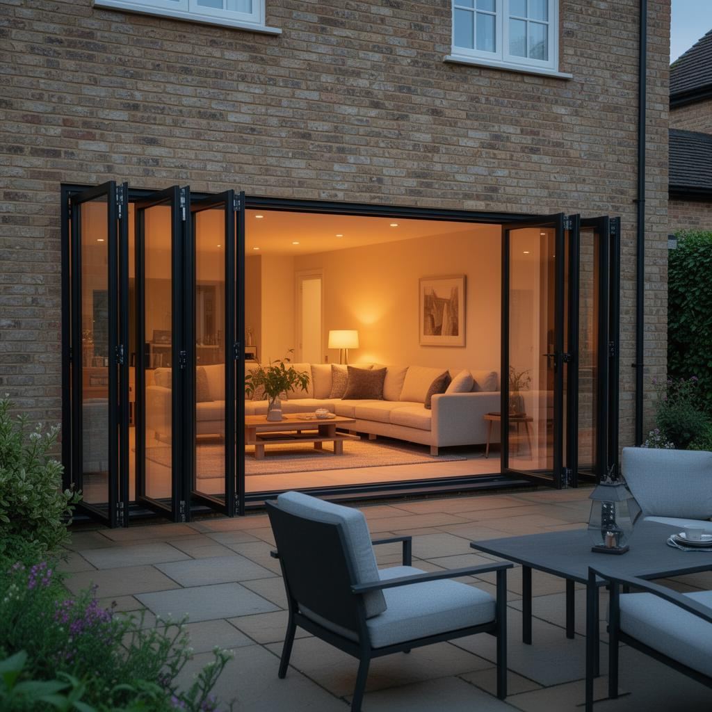 Looking in from the garden on a summer evening — the living space opens up completely.