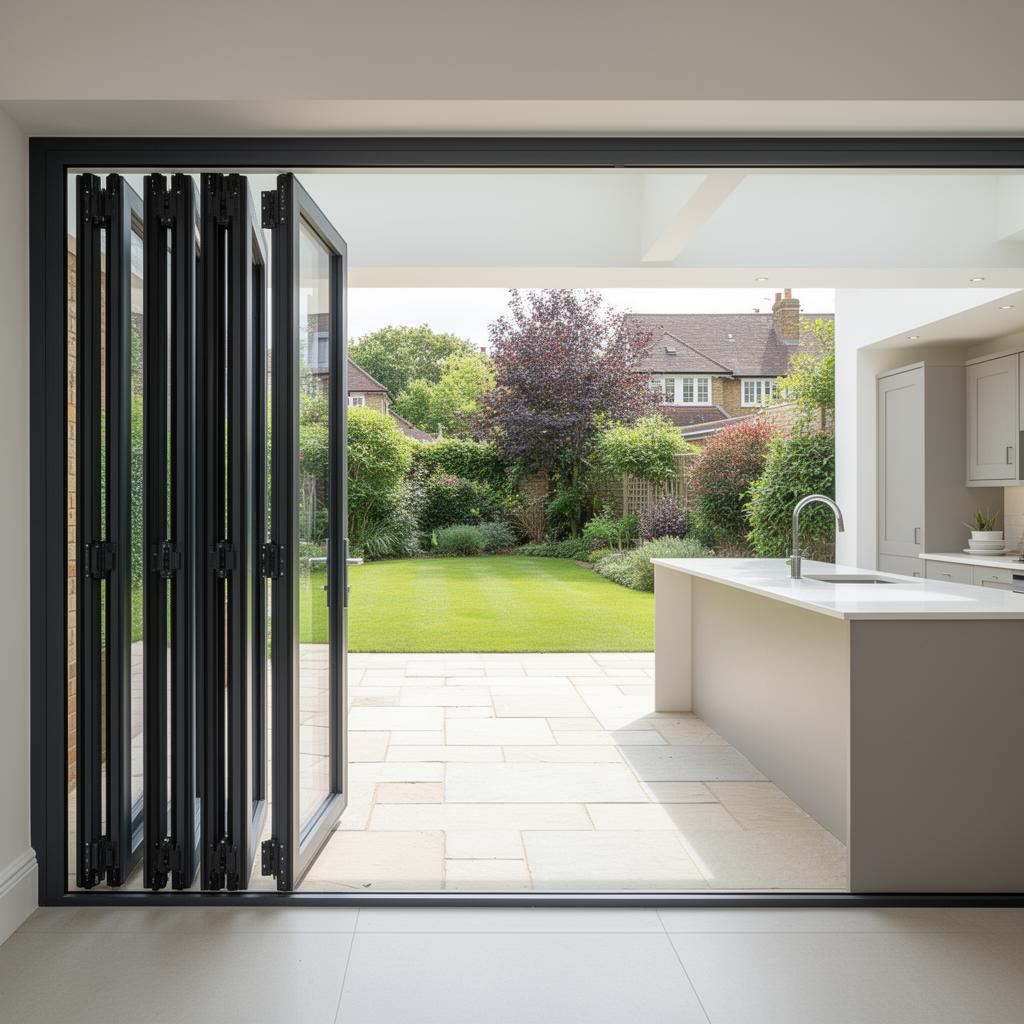 Bifold doors fully open in a kitchen extension — the garden becomes part of the room.