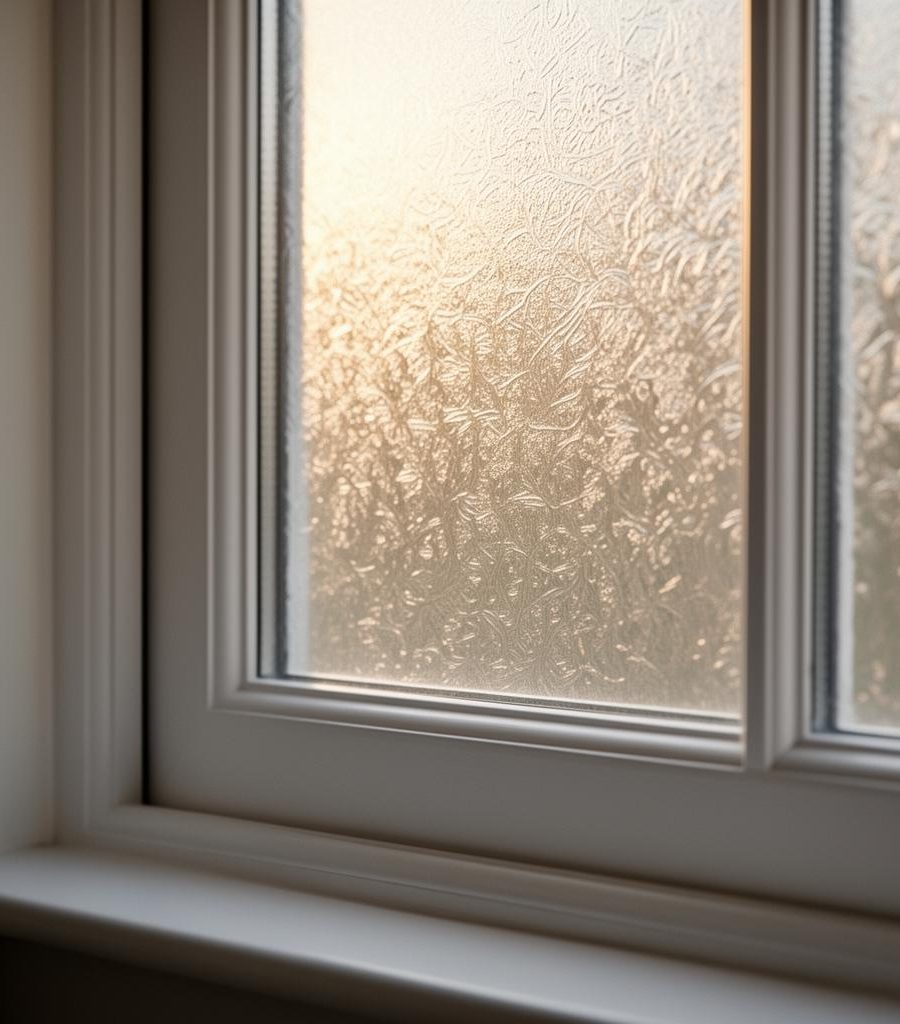 Close-up of obscure textured glass in an Eden Glass window with warm afternoon light